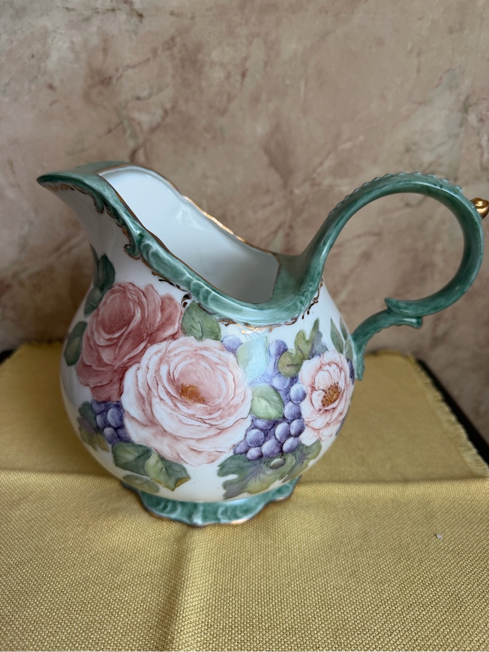 Hand-Painted Floral Porcelain Pitcher in Green and Pink